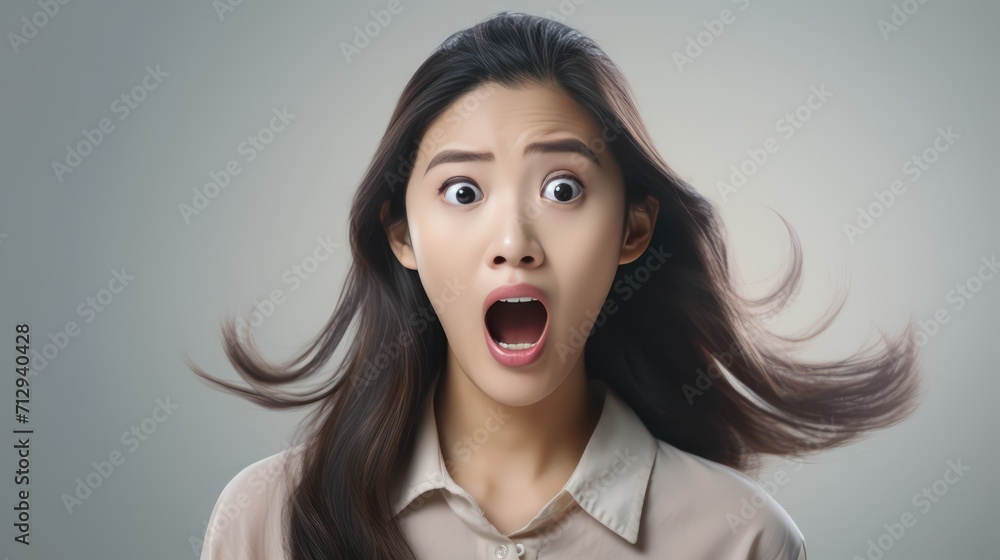 A Portrait of a beautiful Asian woman shocked on a white isolated transparent background. A Portrait of a beautiful Asian woman shocked on a white isolated transparent background.