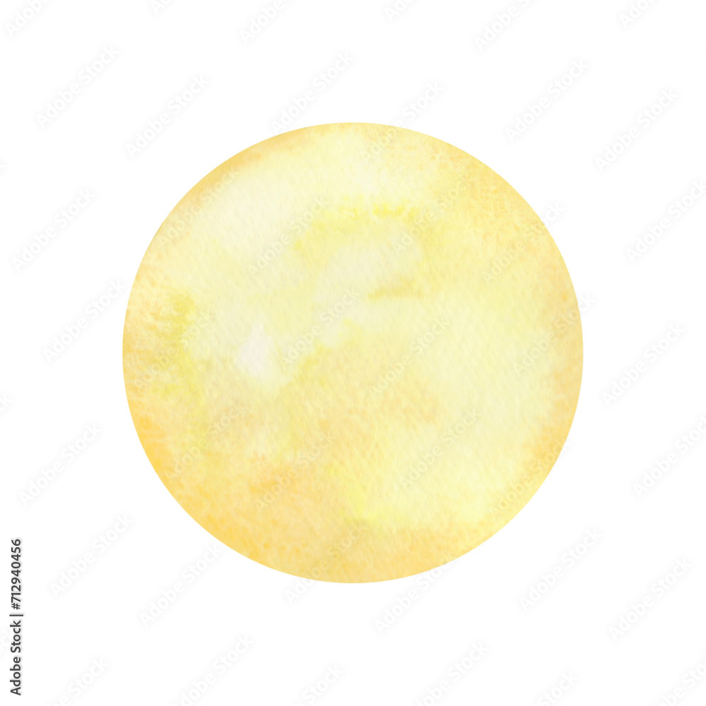 Yellow full moon. Watercolor illustration of the full moon, hand-drawn. A satellite of the earth, an isolated planet on a white background. a decorative element for design and decoration.
