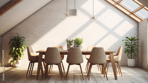 A Minimalist interior design of a modern Dining table and chairs in a clear loft with wooden beams in the dining room  a room with morning sunlight streaming through the window.