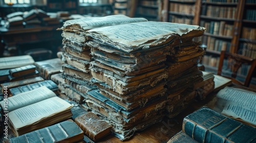 A stack of books sitting on top of a wooden table