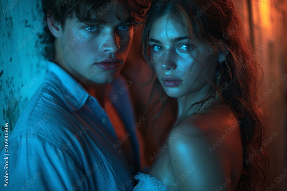 young english man in blue shirt is standing close to the door of a quiet dark luxuriant room in the night with a young lady in white arm dress young english man in blue shirt is standing close to the door of a quiet dark luxuriant room in the night with a young lady in white arm dress