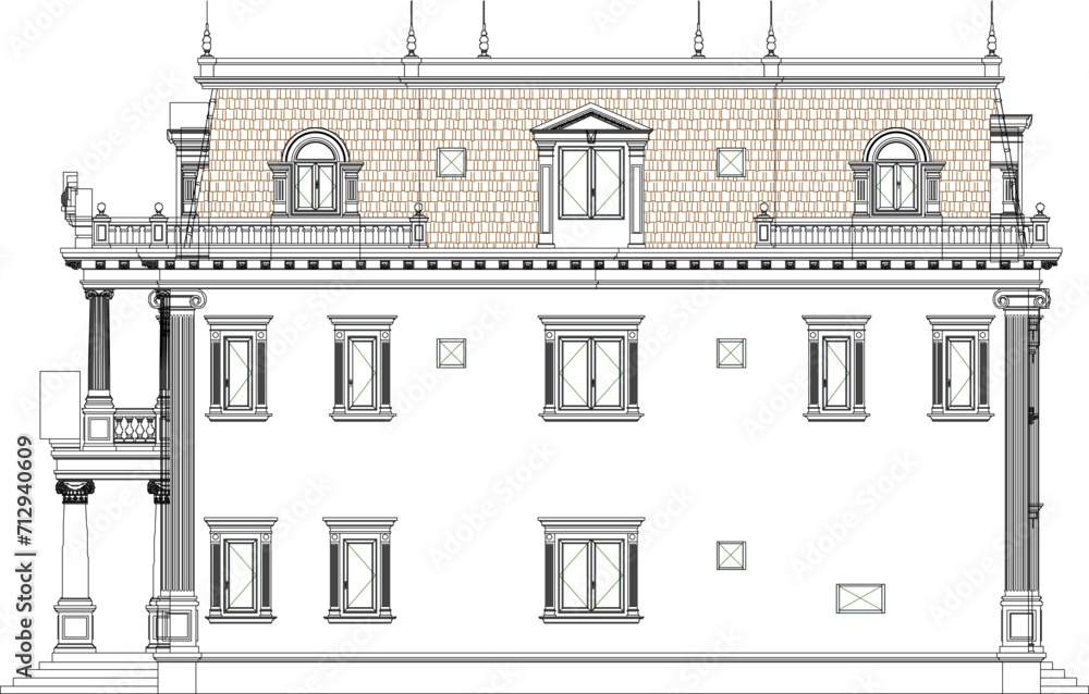 Vector sketch illustration design engineering drawing architectural engineering building old house classic vintage roman greek