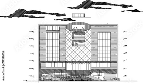 Vector sketch illustration design engineering drawing of modern five star hotel