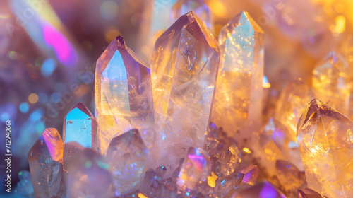 Macro close-up of natural aura quartz crystal points, crystal cluster, gemstone, mineral, rock formation, rainbow, amethyst, rose quartz, agate, background image, room for copy space, pink, blue
