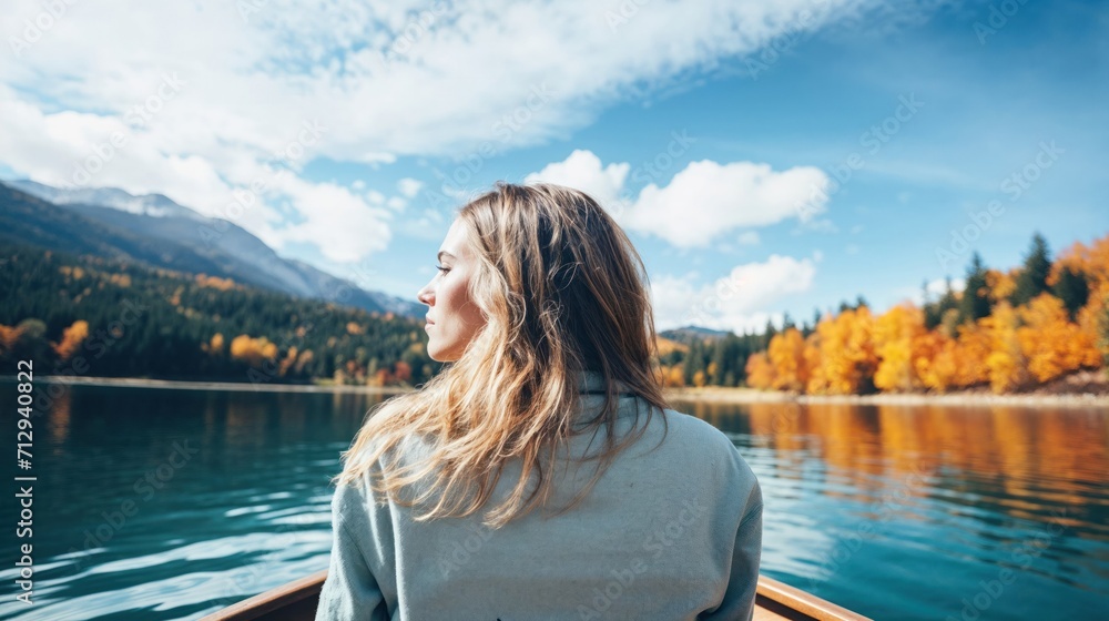 Serene Autumn Lake Scene with Contemplative Woman