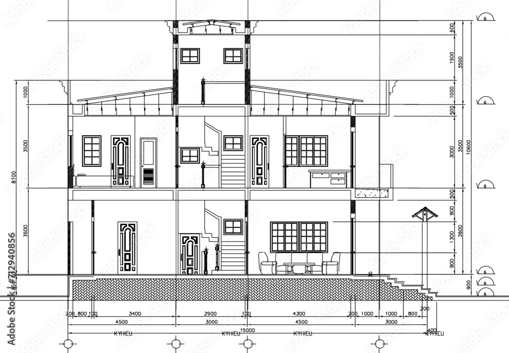 Vector sketch illustration of a section view engineering design drawing for a multi-storey house
