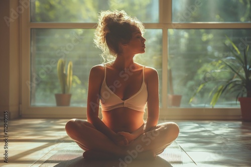 Overweight young woman practicing relaxation yoga at home: Bright light photo in daytime