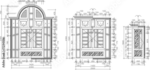 Vector sketch illustration of design, architectural engineering drawing, window frame, simple Mediterranean ethnic villa house