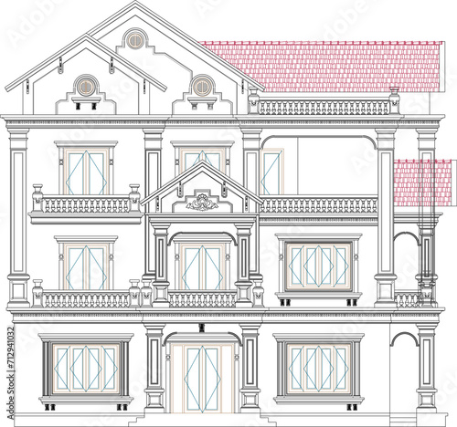 Vector sketch illustration of engineering design drawing of old classic vintage colonial two-story house with many columns