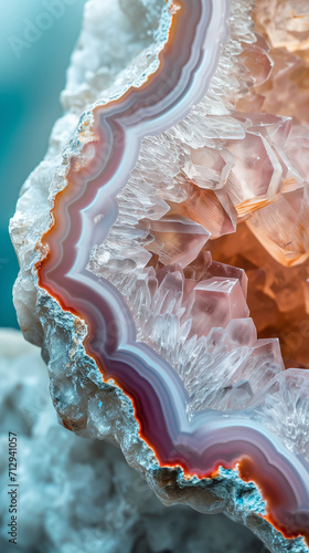 Macro close-up of natural geode crystal gemstone mineral rock formation, blue, purple, amethyst, rose quartz, agate, background image, room for copy space