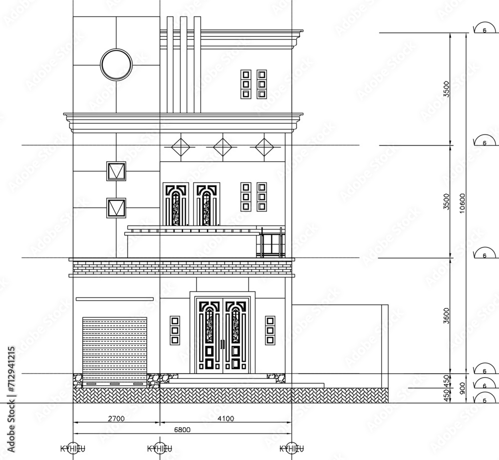 Vector sketch illustration of technical design drawing of multi-storey house view