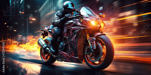 Obraz na plátne racer biker motorcyclist in helmet rides a sports motorcycle on road in a city race at night