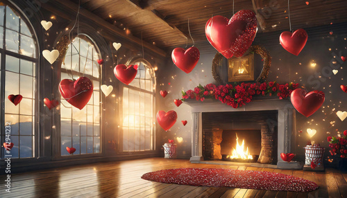 The room is adorned with an abundance of red hearts suspended from the ceiling. Valentine's hearts float into an empty space, creating an atmosphere of love, happiness, and faith in the heart for love