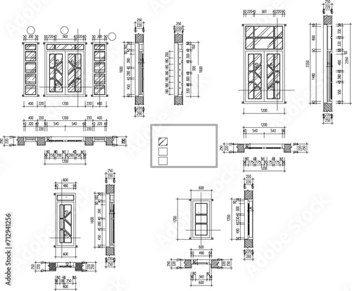 Vector sketch illustration of technical design drawing of window door frame with size scale