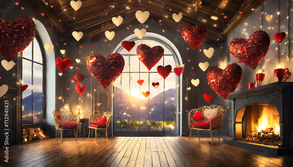 Obraz premium A romantic room adorned with red hearts hanging from the ceiling, symbolizing love, happiness, and faith in the heart for lovers.