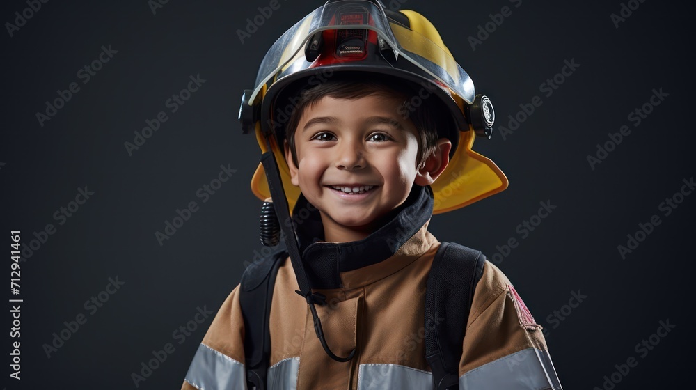 A Happy boy wearing firefighter uniform, little firefighter and fire extinguishing equipment, firefighter career adventure concept. on empty space on a white isolated transparent background. A Happy boy wearing firefighter uniform, little firefighter and fire extinguishing equipment, firefighter career adventure concept. on empty space on a white isolated transparent background.