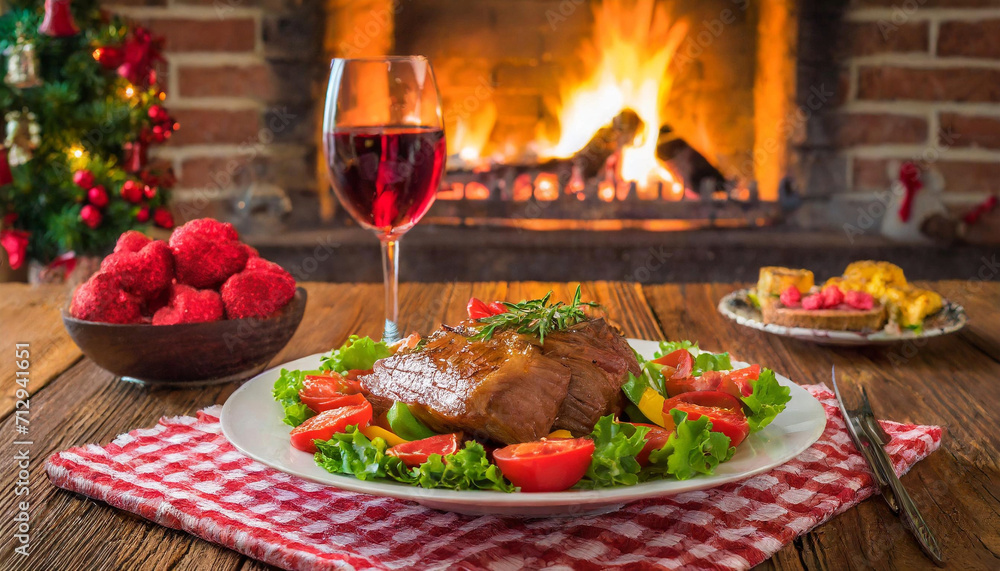 Celebrate Valentine's Day or any special occasion with a plate of steak and veggies, beautifully presented in front of a crackling fireplace.
