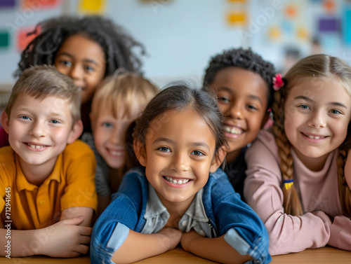 Cheerful Junior School Students Posed Happily in Classroom, group of children