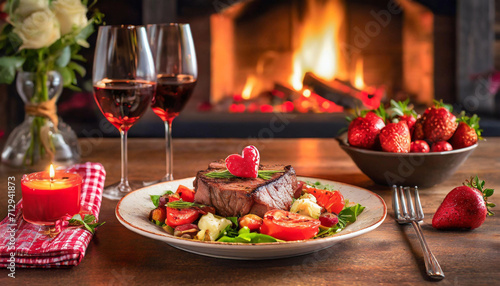 Experience a culinary masterpiece with a plate adorned by a succulent steak and vibrant vegetables, perfectly positioned in front of a captivating fireplace, setting the stage for an unforgettable