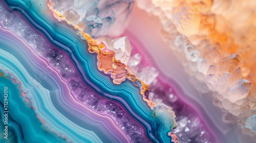 Macro close-up of natural geode crystal gemstone mineral rock formation, pink, purple, amethyst, rose quartz, agate, background image, room for copy space (ID: 712942010)