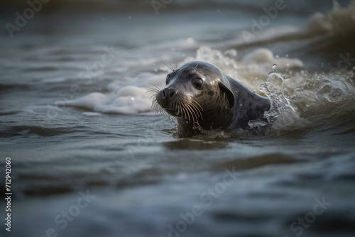An energetic seal pup playing in the ocean waves. Generative AI