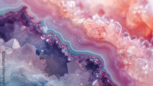 Macro close-up of natural geode crystal gemstone mineral rock formation, pink, purple, amethyst, rose quartz, agate, background image, room for copy space