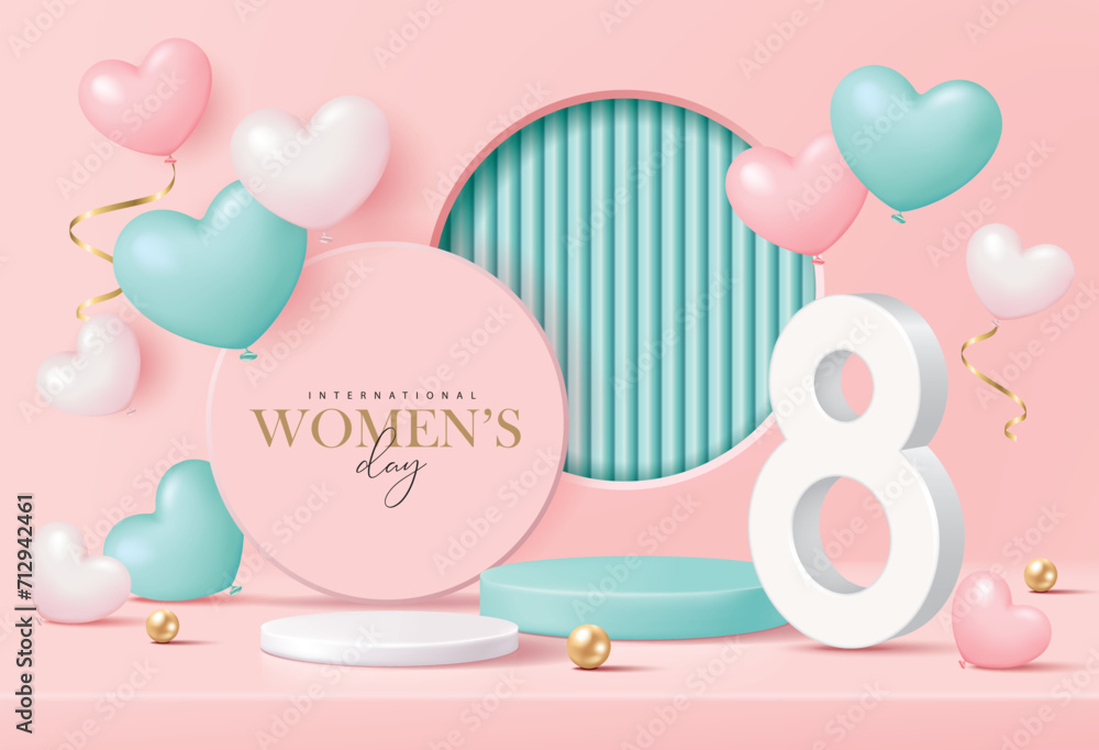 Women's day banner for product demonstration. Green pedestal or podium with heart-shaped balloons on pink background.