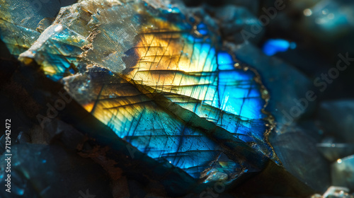 Macro closeup of natural raw labradorite crystal gemstone rock formation with color flashes, blue, green, gold, background image, room for copy space (ID: 712942472)