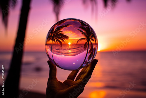 Fototapeta Naklejka Na Ścianę i Meble -  sunset creative photography on beach with crystal ball with reflections