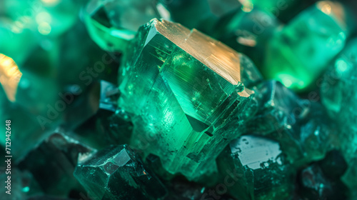 Macro closeup of natural raw green emerald crystal gemstone rock formation, background image, room for copy space