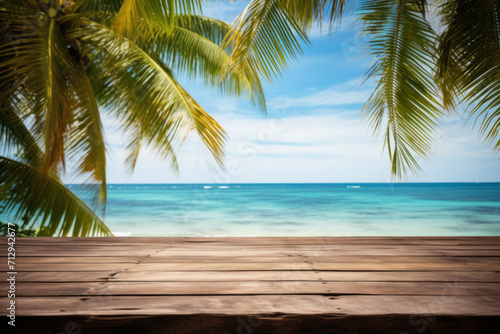 Empty wide Table top wooden bar with blurred beautiful beach scene background coconut leaf on the frame for product display mockup outside summer day time  Resort on nature sea