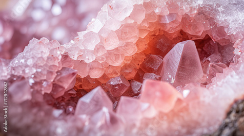 Macro closeup of natural pink rose quartz crystal geode gemstone rock formation, background image, room for copy space (ID: 712942862)