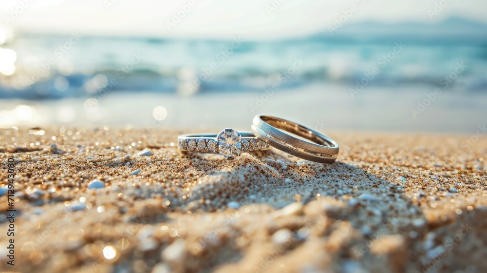 marriage rings on white sand beach by the ocean
