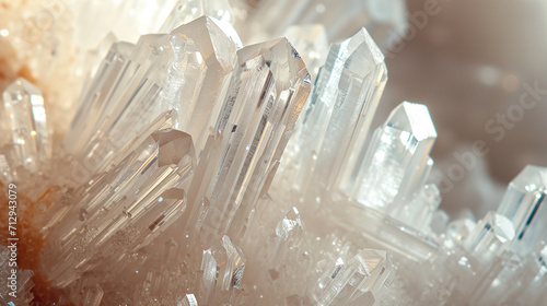 Macro closeup of natural clear quartz crystal mineral gemstone rock formation, background image, room for copy space (ID: 712943079)