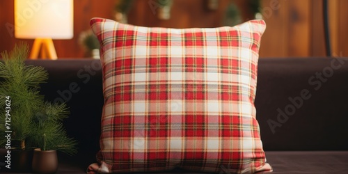 Pillow mockup with plaid background in interior photo.
