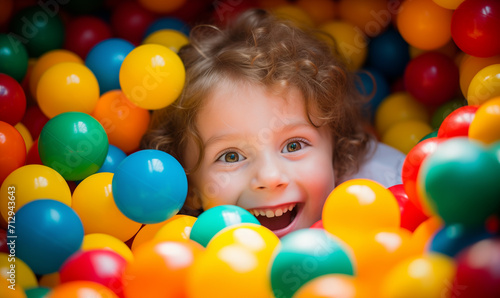 Blonde little girl lying on multi colour plastic balls in big dry paddling pool in playing centre. Having fun in playroom Leisure Activity. Little ginger kid playing with balls in playground ball pool photo