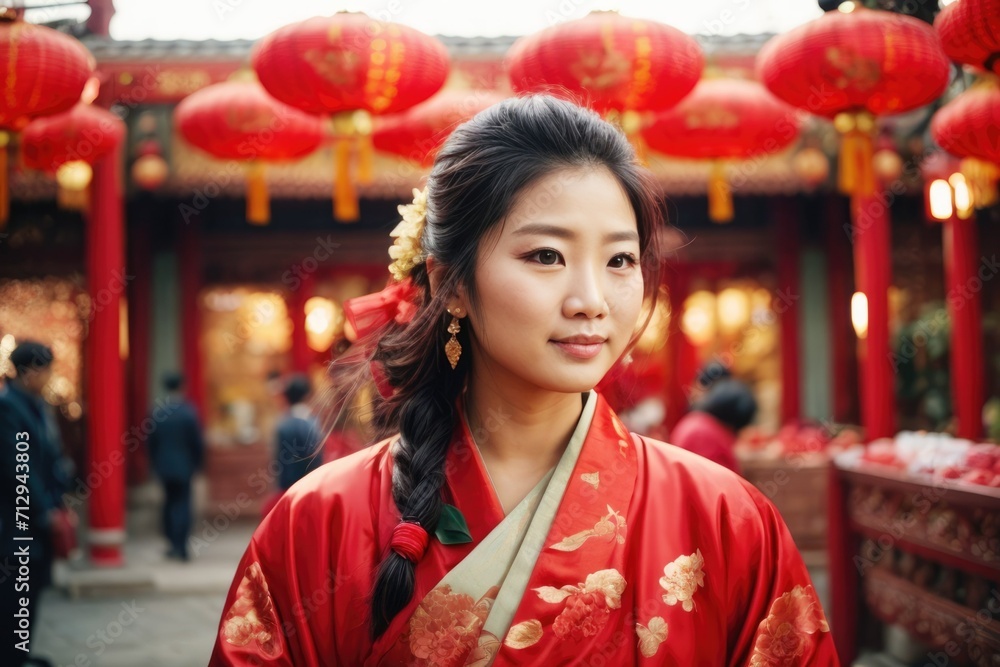 Portrait of Beautiful Young asian woman wear chinese dress traditional cheongsam or qipao.