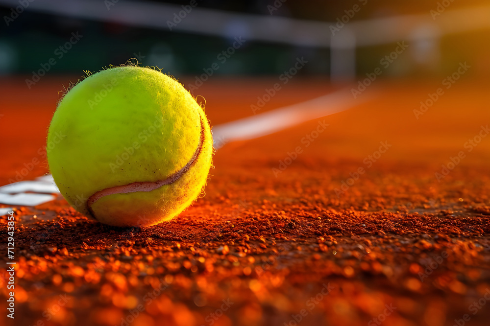 Tennis Ball on Clay Court during Golden Hour.
