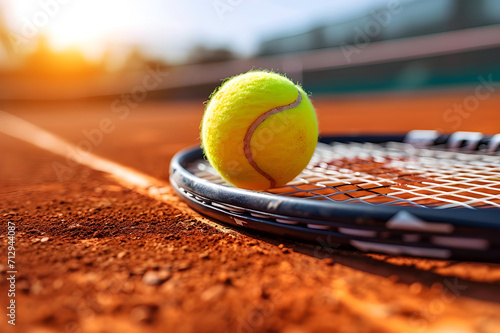 Tennis Ball and Racket on Clay Court in golden hour.