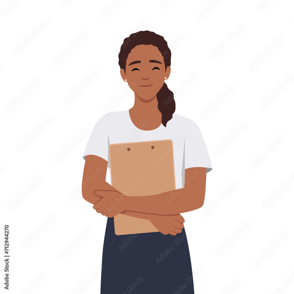 Beautiful office woman holding clipboard with smile. Flat vector illustration isolated on white background Beautiful office woman holding clipboard with smile. Flat vector illustration isolated on white background