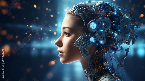Futuristic beautiful woman robot cyborg with metal implants on a blurred background, AI-generated photo