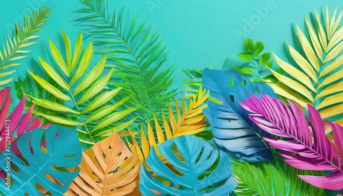 Transport yourself to a tropical oasis with this stunning image of vibrant leaves on a blue backdrop. A top view mock-up with copyspace, allowing you to personalize it with your own text