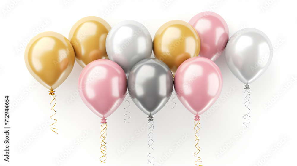 3d render illustration of realistic glossy pink gold and silver balloons