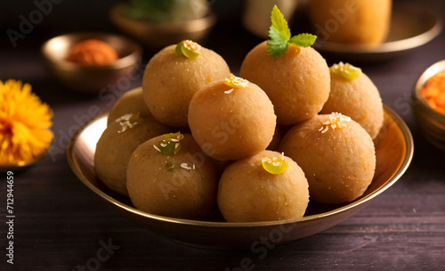 Indian sweet dish laddu kept in a plate. photo