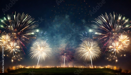 Tableau sur toile 花火大会のイメージイラスト。夜空に打ちあがる複数の鮮やかな打上花火。Image illustration of a fireworks display