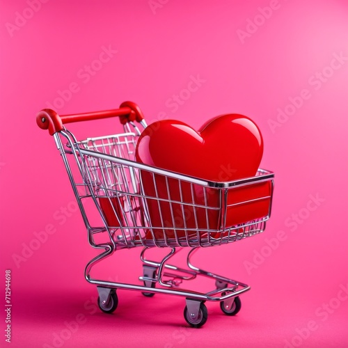 Shopping cart with red heart on pink background