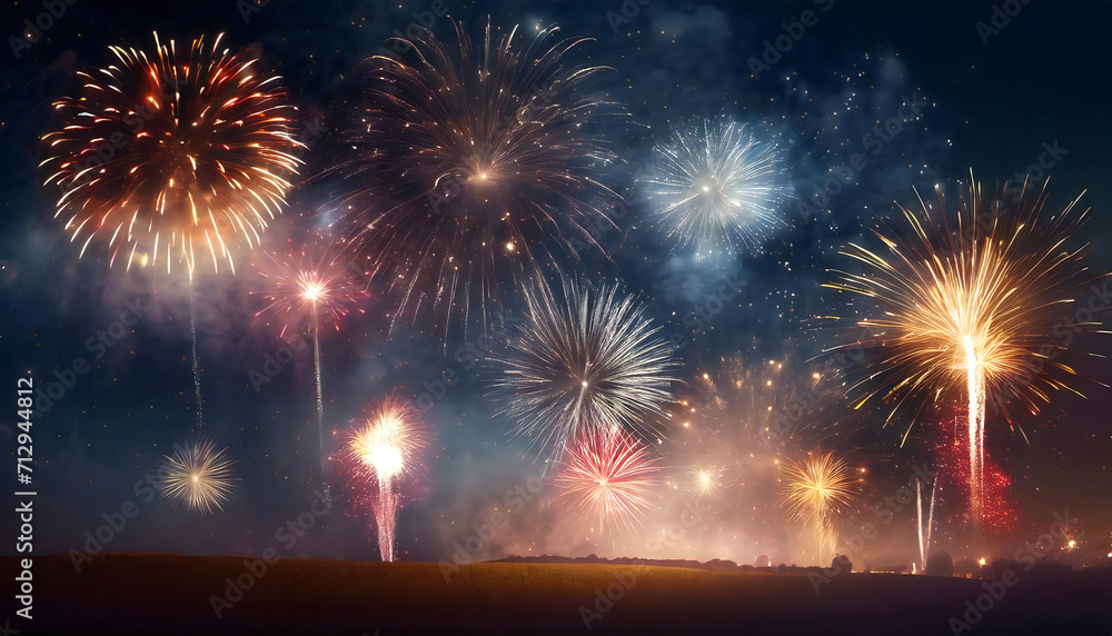 花火大会のイメージイラスト。夜空に打ちあがる複数の鮮やかな打上花火。Image illustration of a fireworks display. Multiple bright fireworks shooting up into the night sky. 花火大会のイメージイラスト。夜空に打ちあがる複数の鮮やかな打上花火。Image illustration of a fireworks display. Multiple bright fireworks shooting up into the night sky.