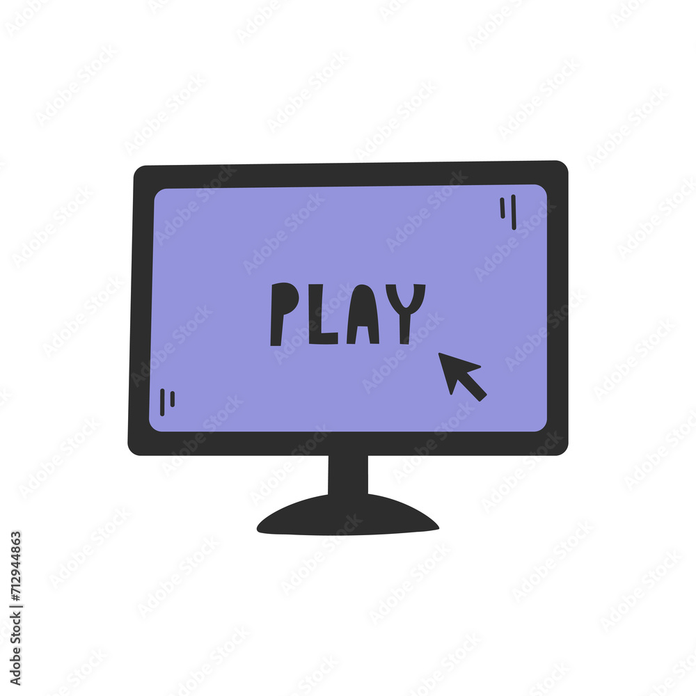 Colorful Desktop Computer. Hand drawn screen with play inscription and cursor. Vector illustration. Video gaming concept design. Colorful Desktop Computer. Hand drawn screen with play inscription and cursor. Vector illustration. Video gaming concept design.