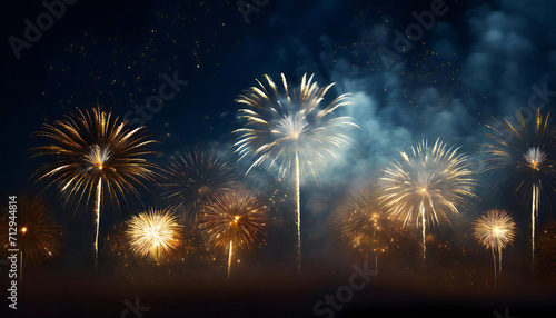 花火大会のイメージイラスト。夜空に打ちあがる複数の鮮やかな打上花火。Image illustration of a fireworks display. Multiple bright fireworks shooting up into the night sky.