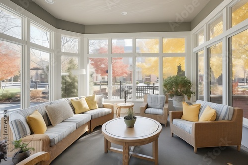 chic patio area, grand windows, and outdoor seating